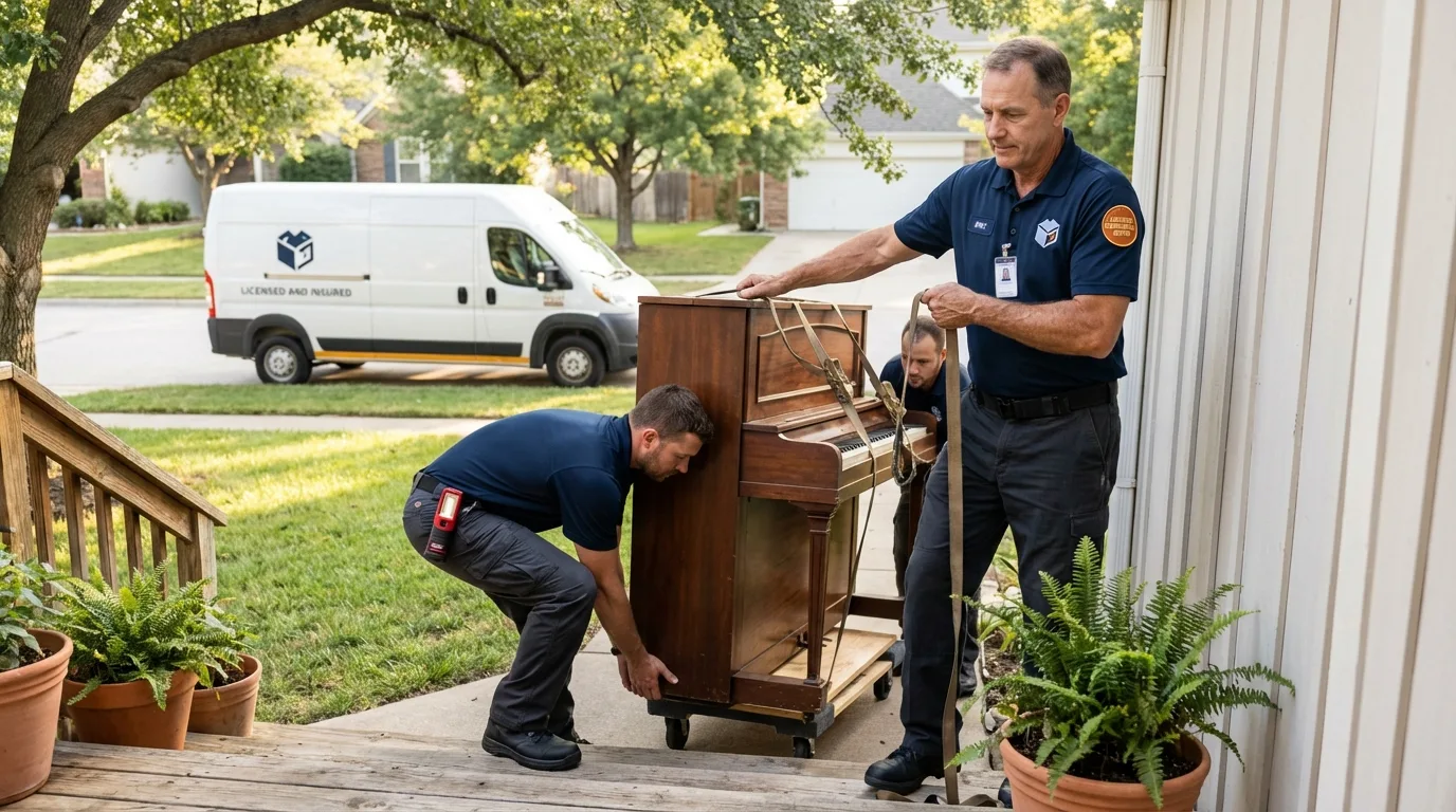 Licensed piano movers securing grand piano in Fort Collins, CO