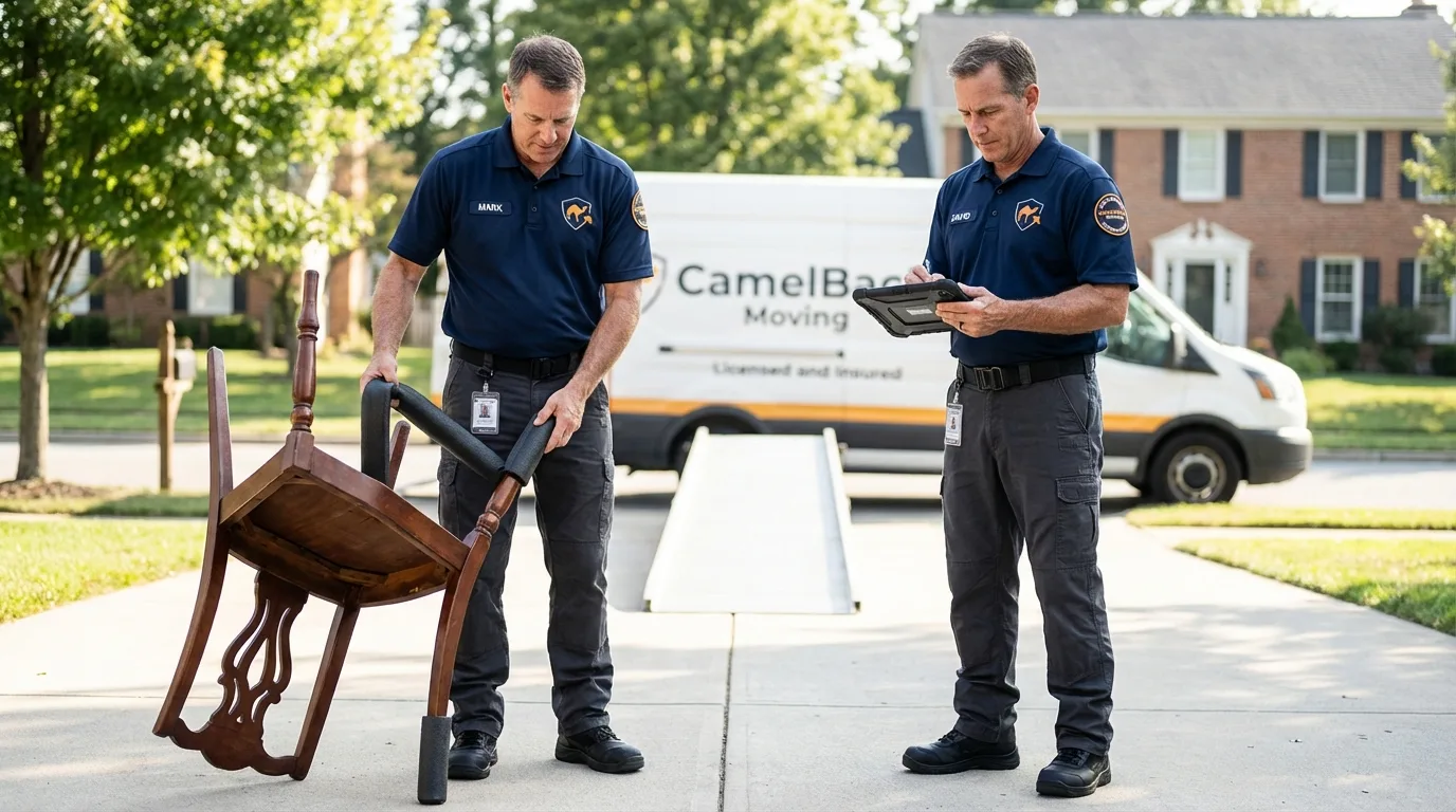Movers inspecting furniture for damage prevention before loading in Fort Collins, CO